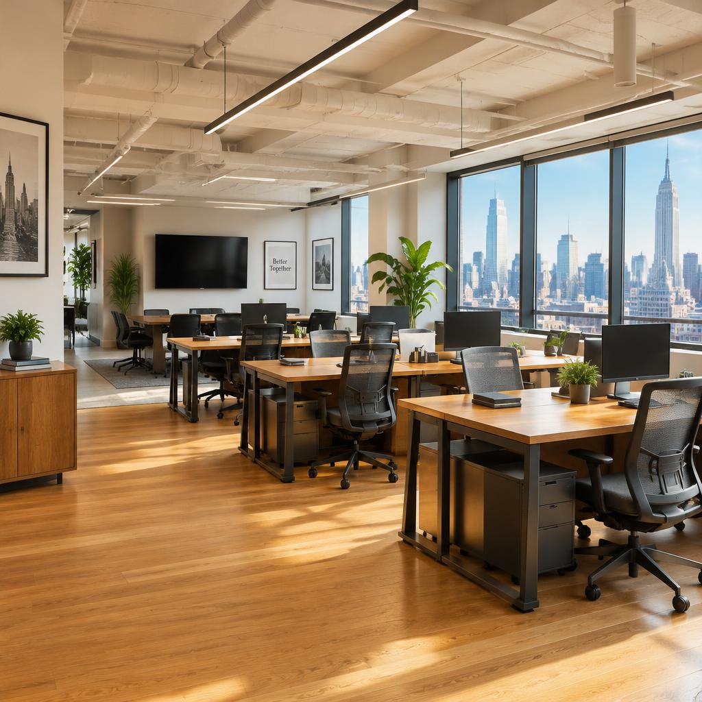 Wide view of a finished New York office with assembled desks, mounted screen and framed artwork