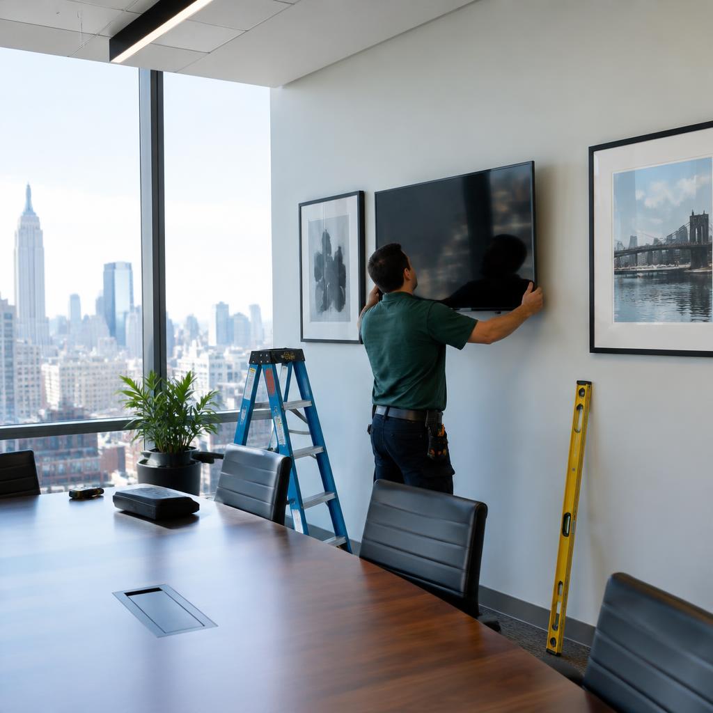 Technician mounting a flat-screen TV between framed art in a New York office meeting room