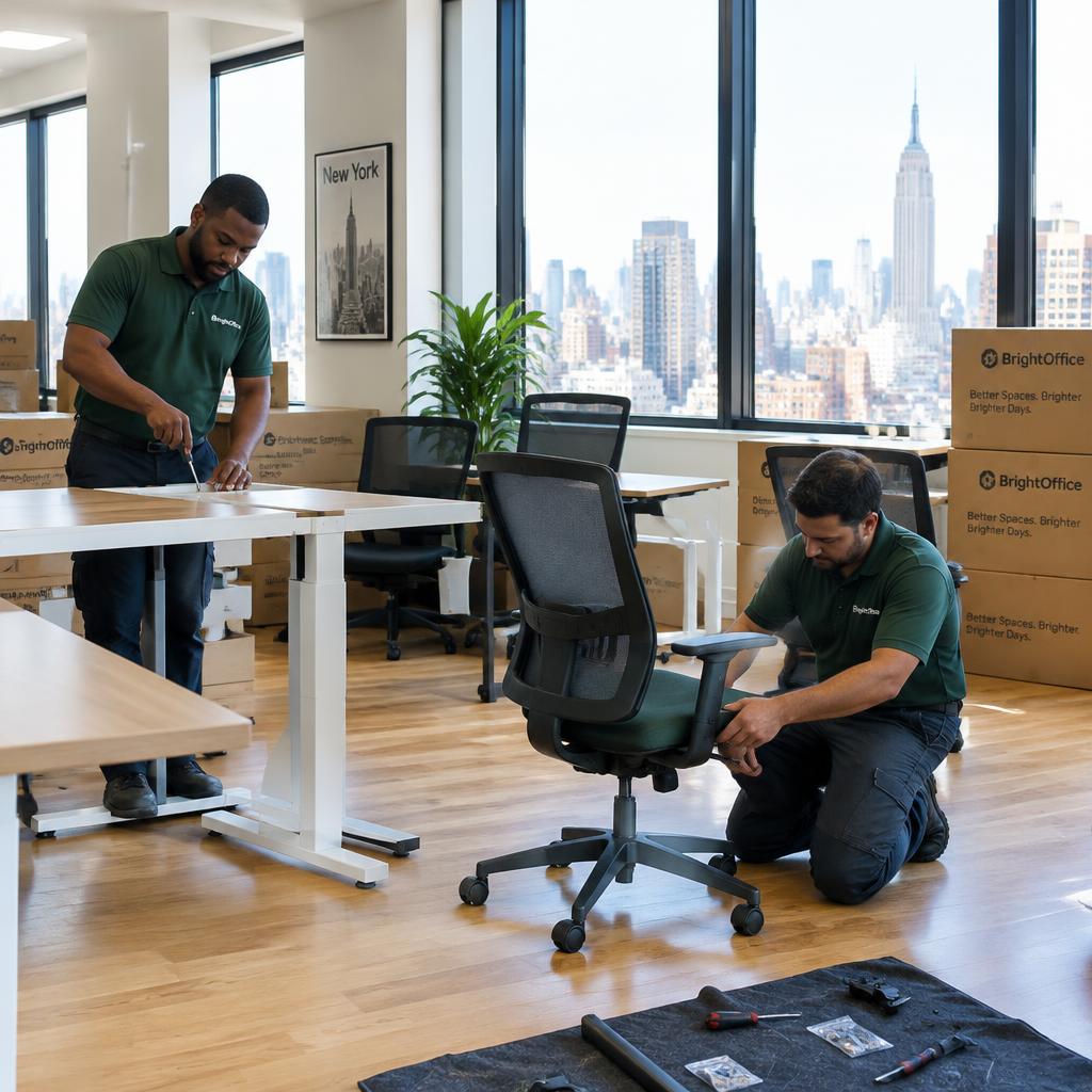 Technicians assembling office desks and chairs in a bright New York office with moving boxes